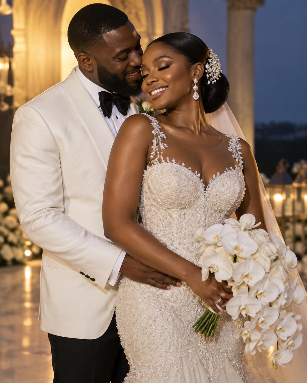 Newlywed couple embracing